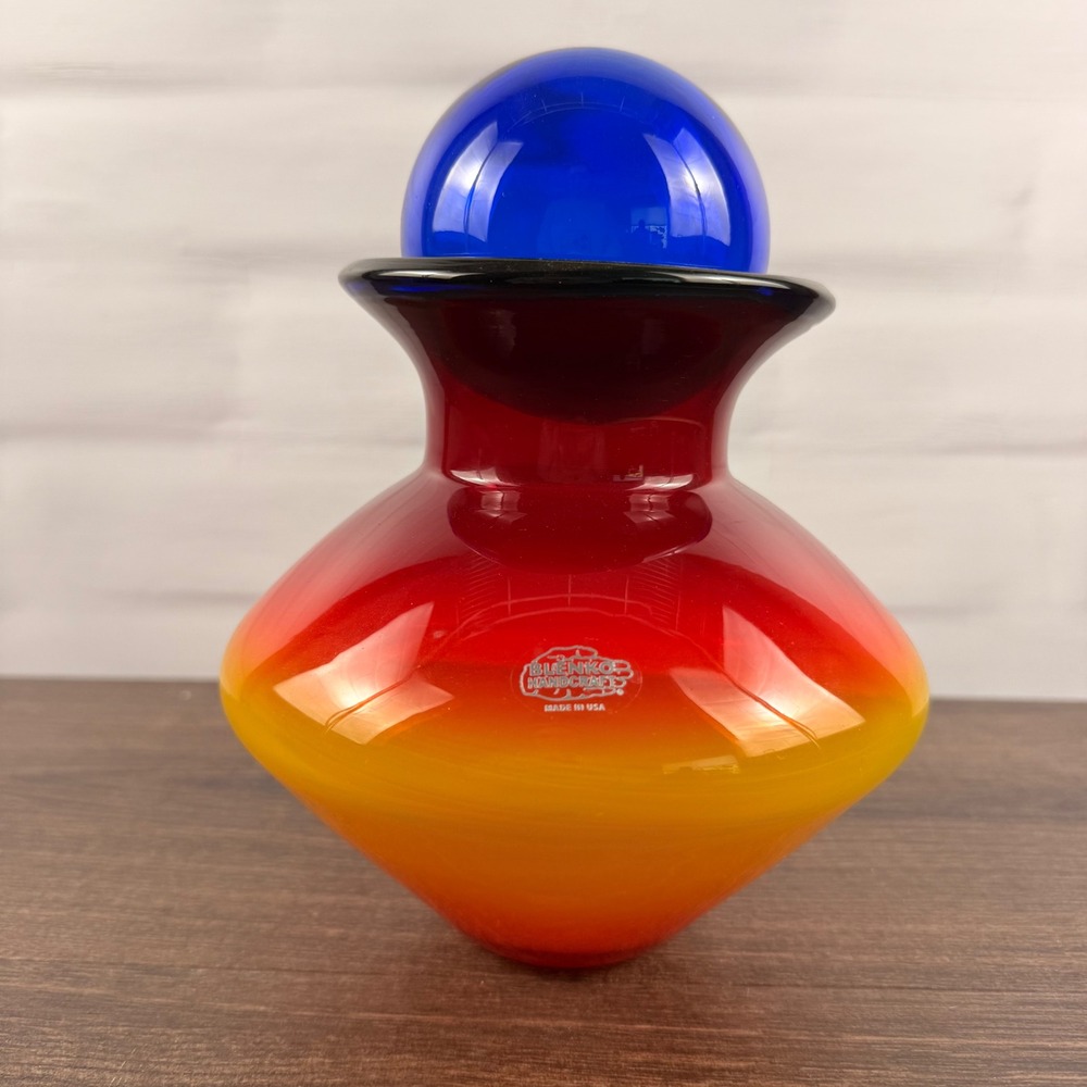 Blenko 2617 Good Morning America Vase w/Cobalt Float - Tequila Sunrise